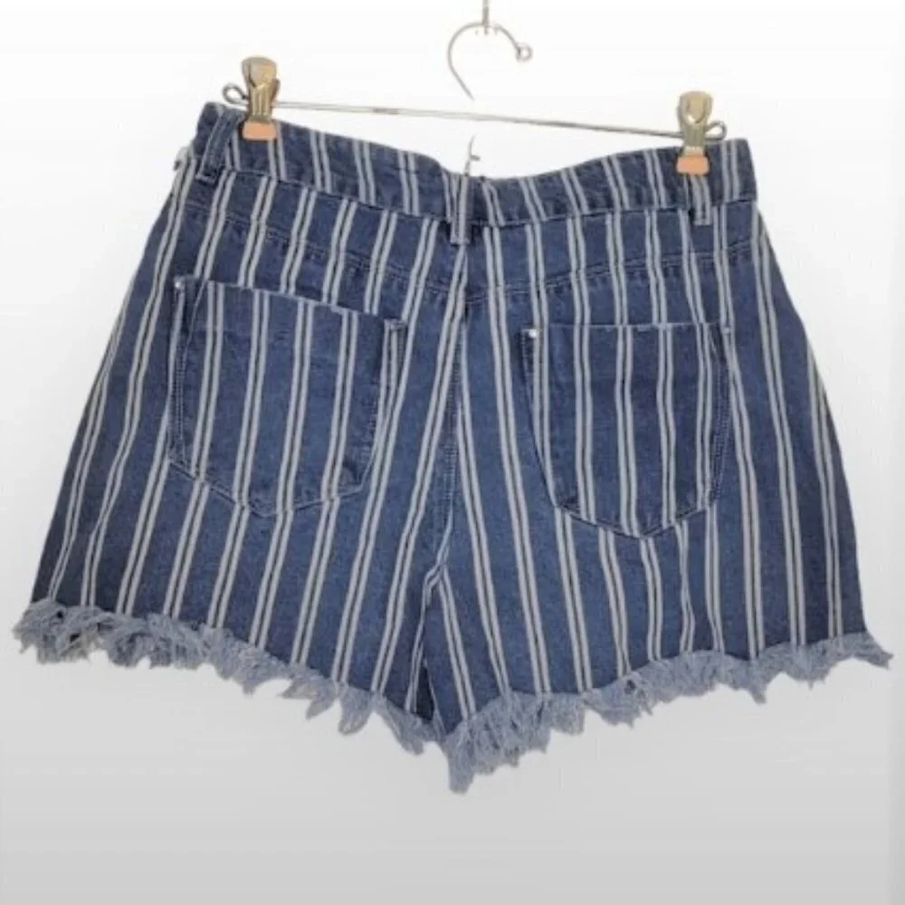 A LOVES A Striped Denim Shorts Frayed Hem High Rise Blue White Casual Summer